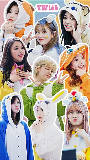 Twice K-pop Group Members in Cute Animal Onesies and Colorful Hoodies HD phone wallpaper