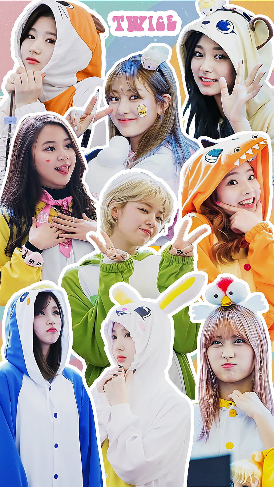Twice K-pop Group Members in Cute Animal Onesies and Colorful Hoodies HD phone wallpaper