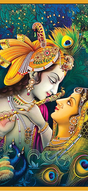 Radha Krishna Playing Flute With Peacock Feathers Indian Mythology Art HD phone wallpaper