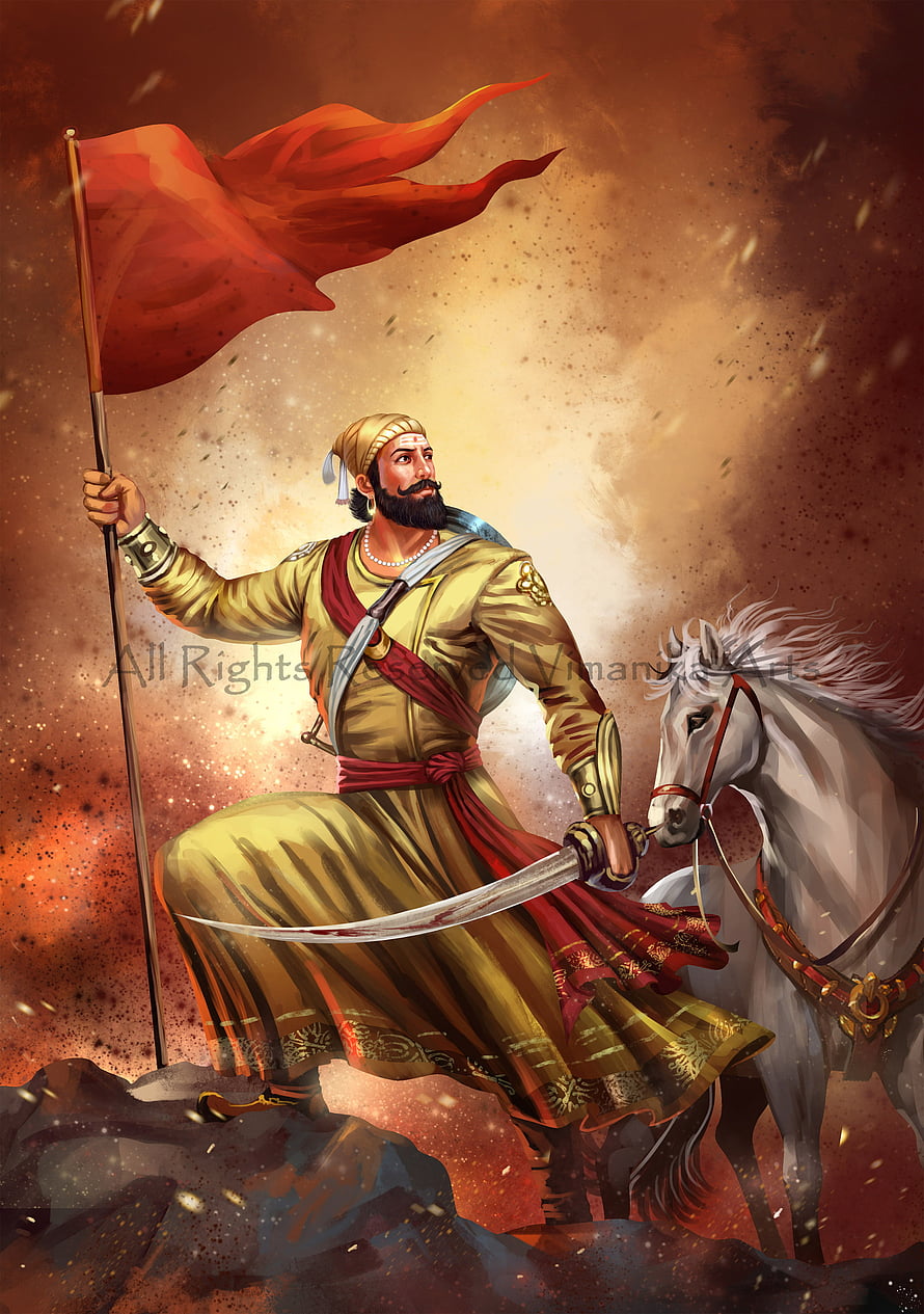 Illustration of a bearded warrior in golden robes holding a red flag and sword beside a white horse HD phone wallpaper