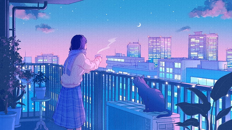 Lo-Fi Girl on Balcony with Cat Watching City Skyline at Night HD wallpaper