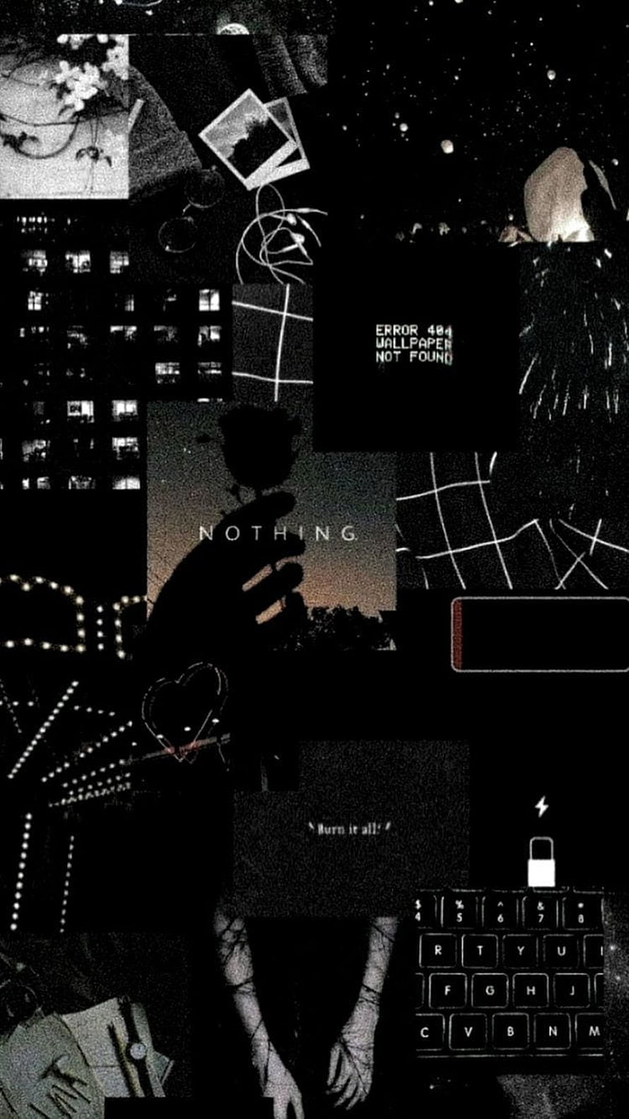 Dark Aesthetic Collage Wallpaper With Error 404 Text, Film Strips, Keyboard, And Silhouette HD phone wallpaper