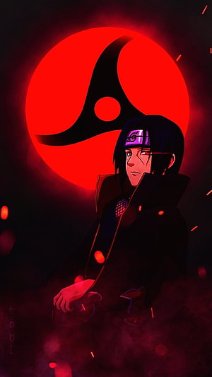 Itachi Uchiha with Akatsuki Symbol and Red Moon in Dark Anime Style HD phone wallpaper