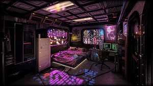 Cyberpunk 2077 Voodoo Boys Apartment Bedroom Interior with Neon City View HD wallpaper