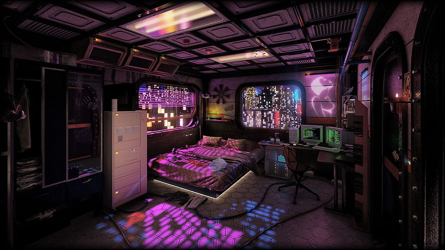 Cyberpunk 2077 Voodoo Boys Apartment Bedroom Interior with Neon City View HD wallpaper