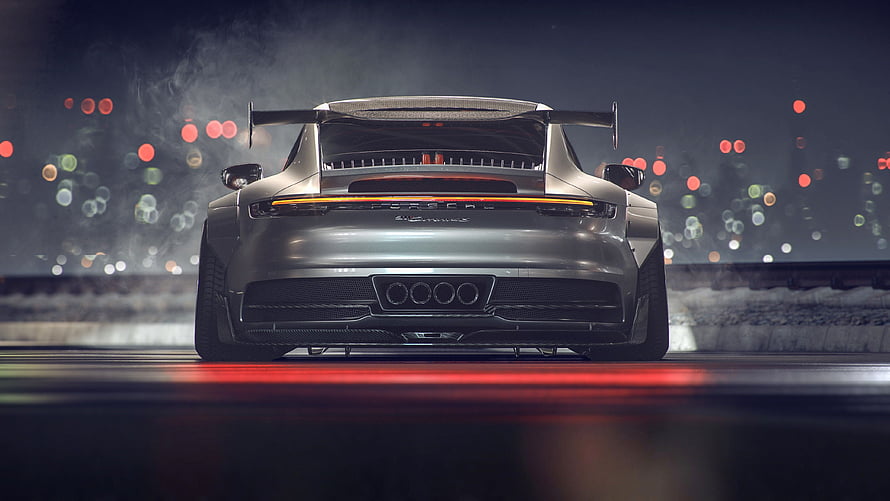 Silver Porsche 911 GT3 RS Rear View on Wet Night Street with City Bokeh Lights HD wallpaper