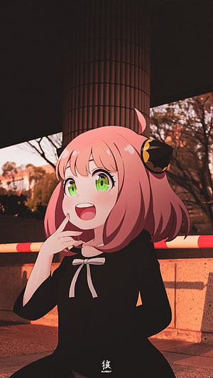 Anya Forger from Spy x Family in a black dress with cat ears, smiling outdoors at dusk HD phone wallpaper