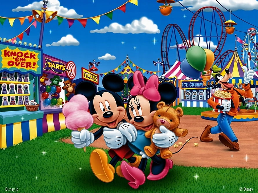 Mickey Mouse, Minnie Mouse, and Goofy Enjoying a Day at the Carnival with Rides and Games HD wallpaper