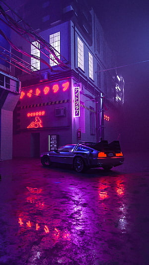 DeLorean DMC-12 Parked in Neon-Lit Cyberpunk Alley at Night HD phone wallpaper