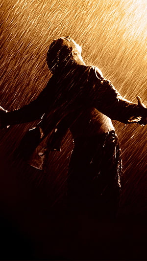 Silhouette of a man standing with arms outstretched in heavy rain under dramatic golden lighting, The Shawshank Redemption (2022) movie HD phone wallpaper