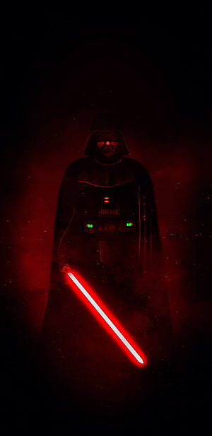 Darth Vader standing in dark red mist holding ignited red lightsaber HD phone wallpaper