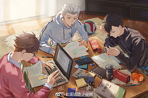Haikyuu Boys Studying Together at a Cluttered Desk with Books and Laptops HD wallpaper