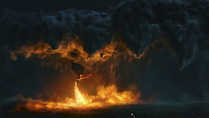 Drogon Dragon Breathing Fire in Dark Stormy Sky from Game of Thrones HD wallpaper