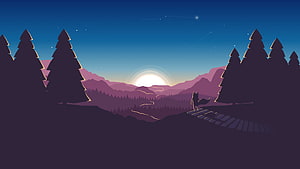 Minimalist Vector Illustration of a Fox Watching the Sunset Over Purple Mountains and Pine Forest HD wallpaper