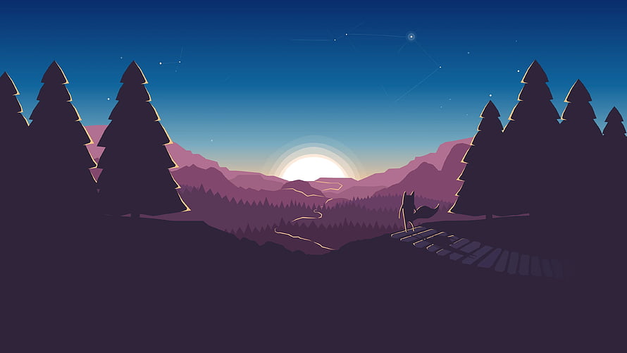 Minimalist Vector Illustration of a Fox Watching the Sunset Over Purple Mountains and Pine Forest HD wallpaper