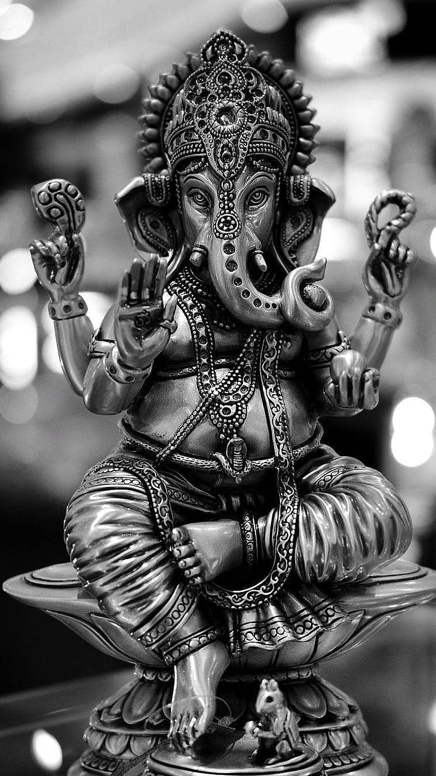 Detailed Black And White Statue Of Lord Ganesha Sitting On Lotus HD phone wallpaper