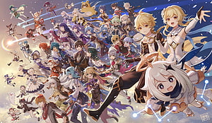 Genshin Impact Full Cast Group Artwork with Aether and Lumine HD wallpaper