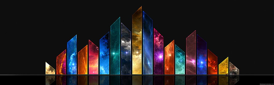 Colorful 3D Prism Bars with Cosmic Nebula Textures on Black Background HD wallpaper