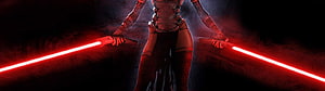 Sith Warrior Wielding Dual Red Lightsabers in Dark Cinematic Scene HD wallpaper