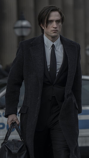Robert Pattinson as Bruce Wayne in The Batman wearing a dark coat and suit, Bruce Wayne, robert, brucewayne, batman, pattinson HD phone wallpaper