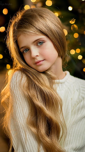 Portrait of a young girl with long blonde hair and blue eyes wearing a white sweater with bokeh lights HD phone wallpaper