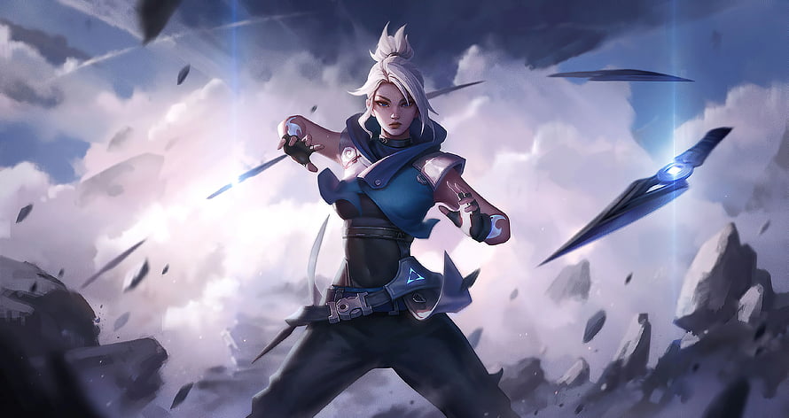 Jinnsai from Honor of Kings wielding magical blades in a dynamic combat stance amidst floating rocks and clouds HD wallpaper