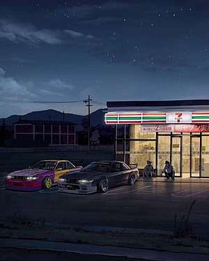 JDM Street Racing Cars Parked at a 7-Eleven Convenience Store at Night HD phone wallpaper