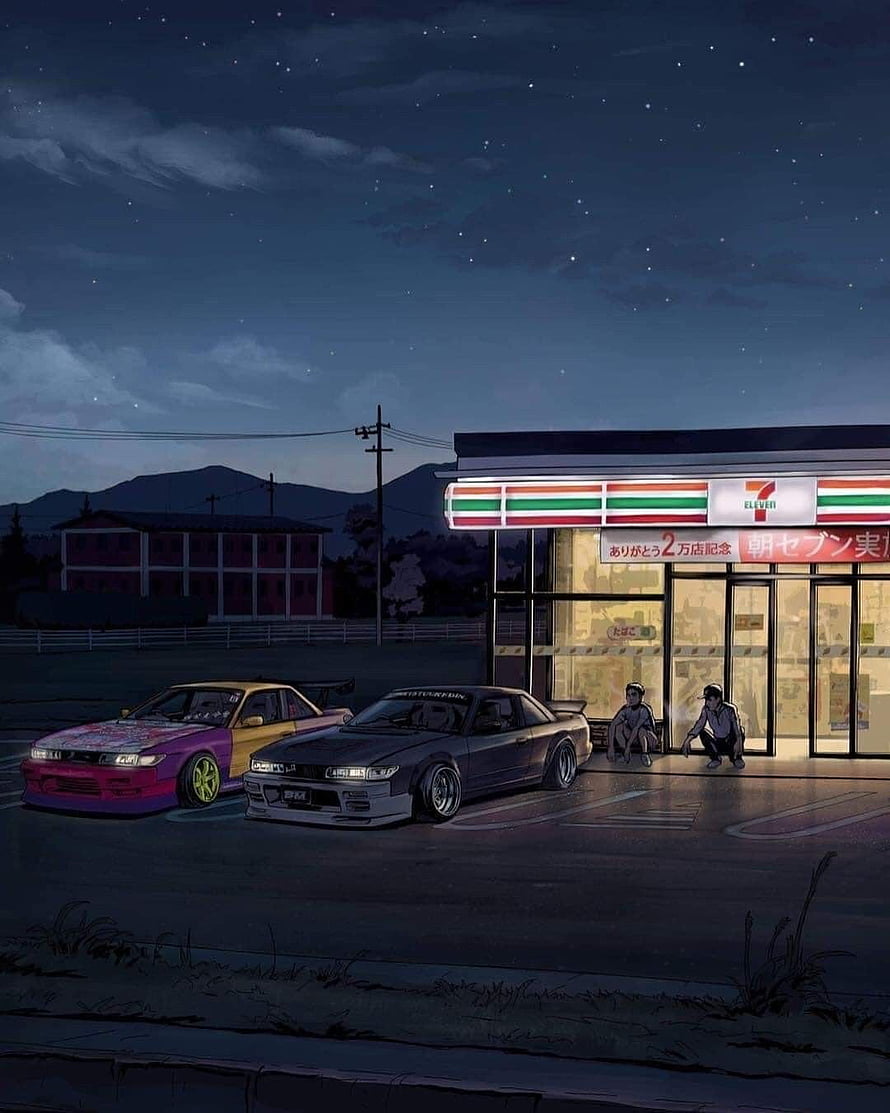 JDM Street Racing Cars Parked at a 7-Eleven Convenience Store at Night HD phone wallpaper