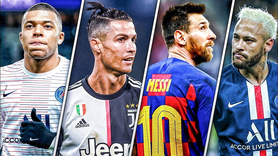 Kylian Mbappe, Cristiano Ronaldo, Lionel Messi, and Neymar Jr. Soccer Stars Collage HD wallpaper