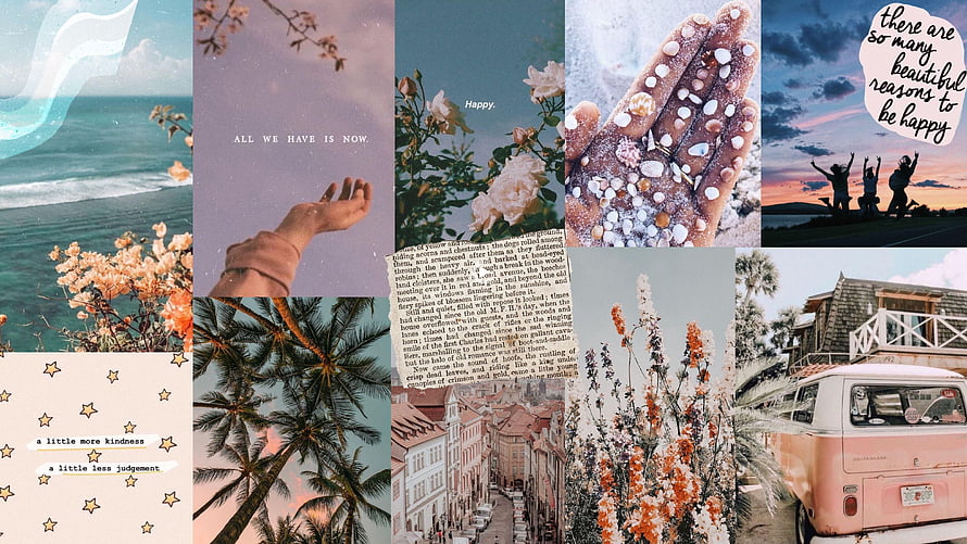 Aesthetic Summer Mood Board Collage With Vintage Van, Ocean, Flowers, and Inspirational Quotes HD wallpaper