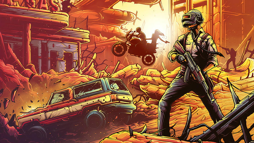 PUBG Post-Apocalyptic Combat Scene with Armed Soldier and Motorcycle Chase HD wallpaper