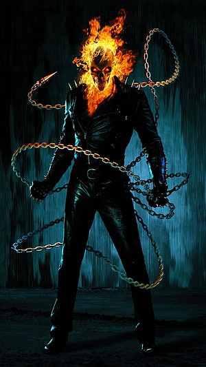 Ghost Rider Spirit of Vengeance Skull Fire Chain Whip Dark Fantasy Art HD phone wallpaper