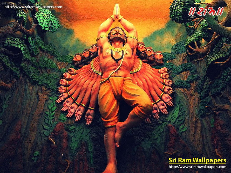 Ravana Ten-Headed Demon King with Multiple Arms in Mythological Forest Setting HD wallpaper