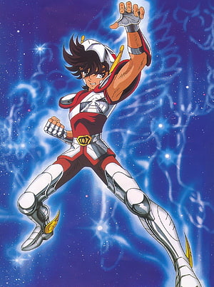 Seiya in Pegasus Cloth from Saint Seiya Asgard in a Dynamic Action Pose Against a Cosmic Blue Background HD phone wallpaper