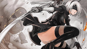 NieR: Automata 2B in Black Combat Suit Wielding Katana in Dynamic Action Pose HD wallpaper