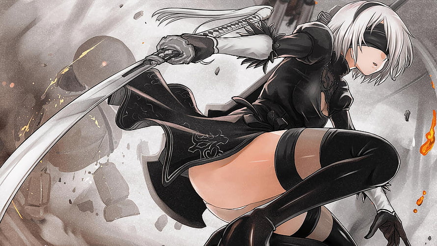 NieR: Automata 2B in Black Combat Suit Wielding Katana in Dynamic Action Pose HD wallpaper