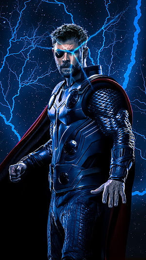 Thor in Dark Armor with Blue Lightning and Red Cape Against a Cosmic Storm Background HD phone wallpaper
