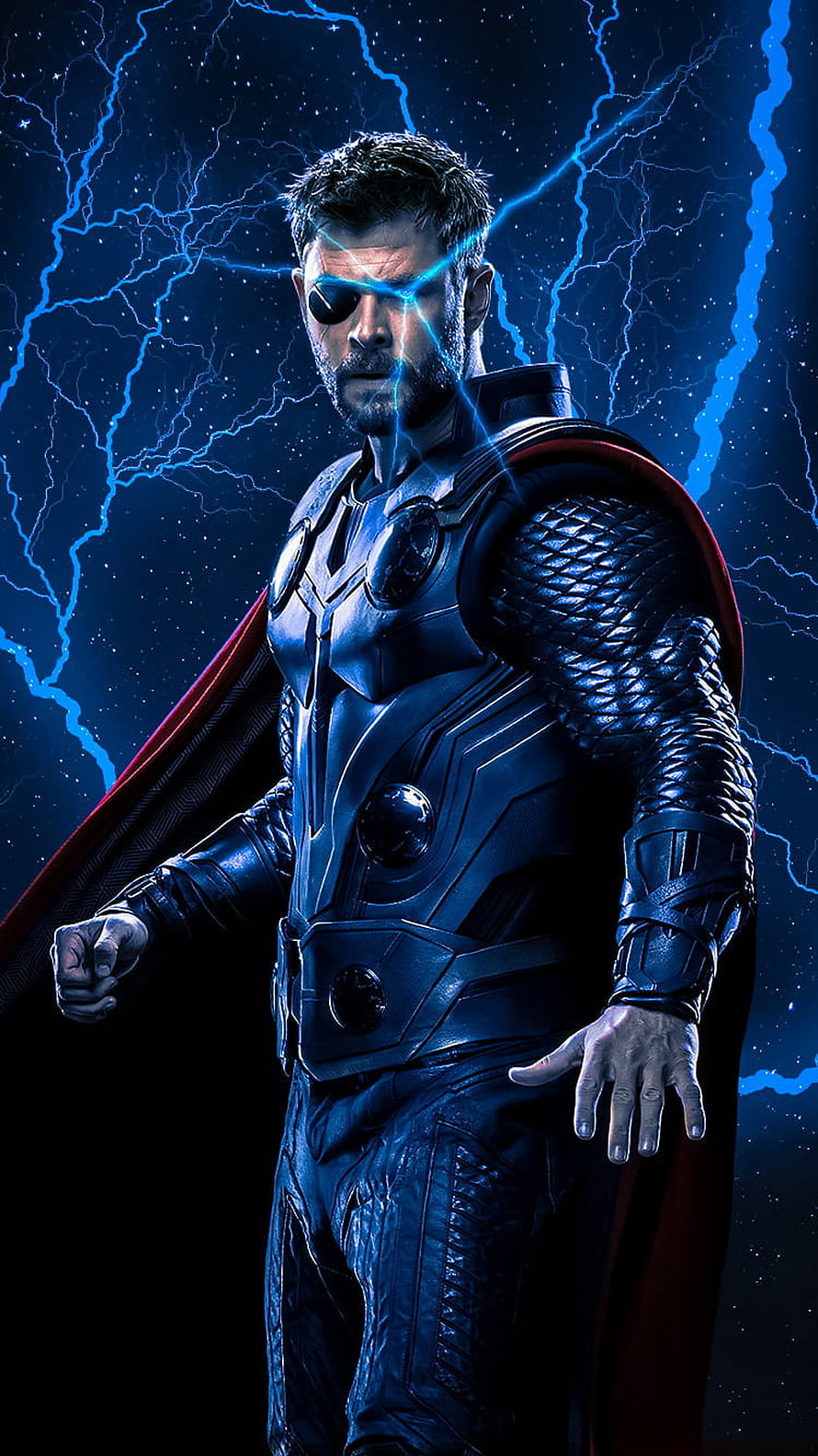 Thor in Dark Armor with Blue Lightning and Red Cape Against a Cosmic Storm Background HD phone wallpaper