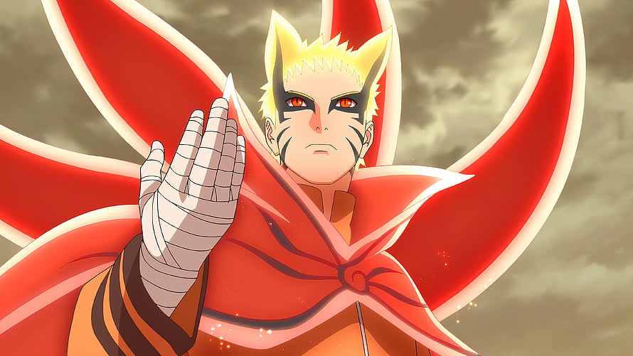 Naruto Uzumaki in Baryon Mode with Red Chakra Tails and Bandaged Hand HD wallpaper