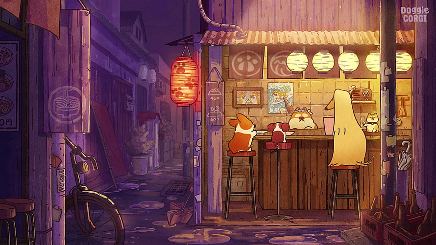 Cute Corgi Dogs Relaxing at a Cozy Japanese Street Izakaya at Night HD wallpaper
