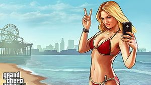 Grand Theft Auto V Blonde Woman Taking Selfie on Beach with City Skyline, Bikini Girl Grand Theft Auto V GTA 5 Game Preview HD wallpaper