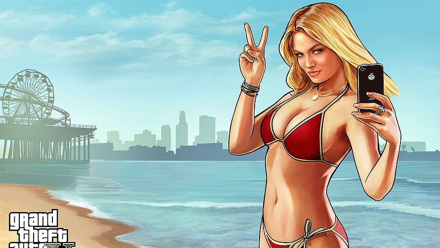 Grand Theft Auto V Blonde Woman Taking Selfie on Beach with City Skyline, Bikini Girl Grand Theft Auto V GTA 5 Game Preview HD wallpaper