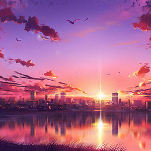 Anime Style Cityscape at Dusk with Vibrant Purple and Pink Sky Over Water HD phone wallpaper