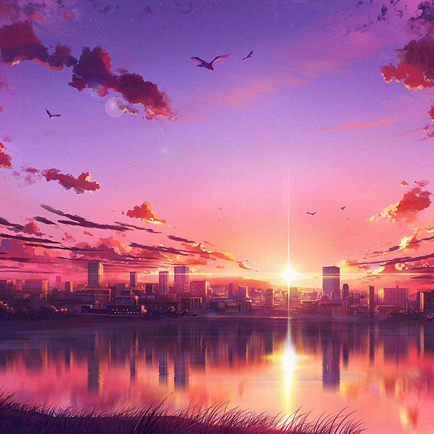 Anime Style Cityscape at Dusk with Vibrant Purple and Pink Sky Over Water HD phone wallpaper