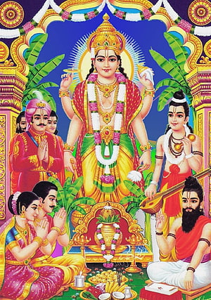 Lord Ayyappa Performing Aarti with Devotees and Sage in Traditional Temple Setting HD phone wallpaper