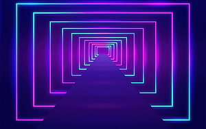 Vibrant Neon Light Tunnel with Receding Geometric Frames and Deep Purple Perspective HD wallpaper