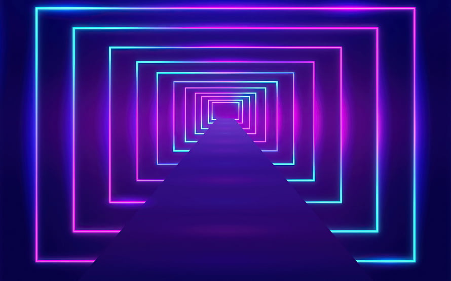 Vibrant Neon Light Tunnel with Receding Geometric Frames and Deep Purple Perspective HD wallpaper