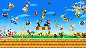New Super Mario Bros Wii Characters and Enemies in Vibrant Sky Scene HD wallpaper