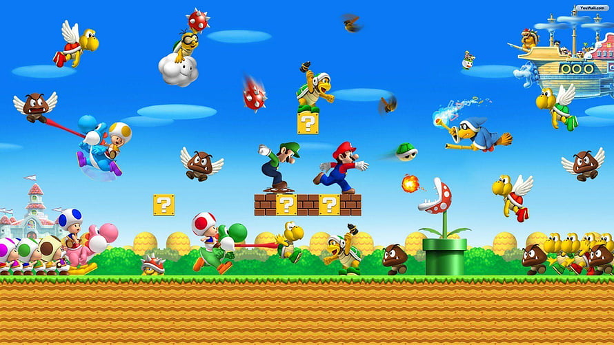 New Super Mario Bros Wii Characters and Enemies in Vibrant Sky Scene HD wallpaper