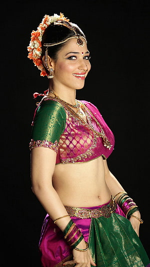 Tamanna Bhatia in Traditional Indian Dance Attire with Floral Headpiece and Jewelry HD phone wallpaper